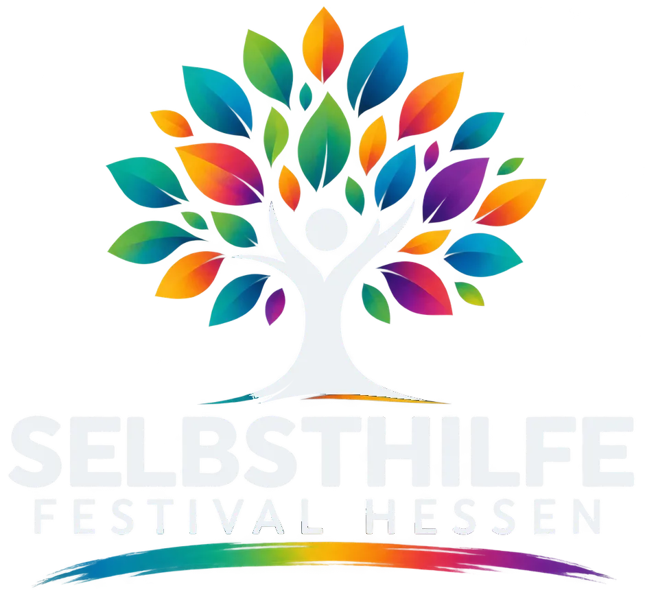 Logo des Selbsthilfefestivals Hessen: ein Baum aus bunten Blättern, in dessen Stamm eine Person mit erhobenen Armen steht.